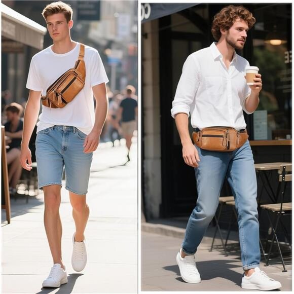 Genuine Leather Fanny Pack large capacity Crossbody Waist Bag with Zipper phone - Picture 4 of 7